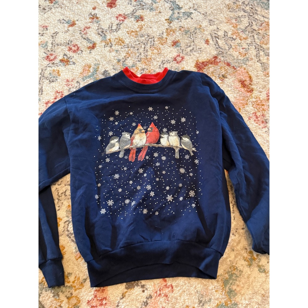 Vintage Jerzees Whim Z Navy Blue Bird Winter Sweatshirt Made in USA Medium